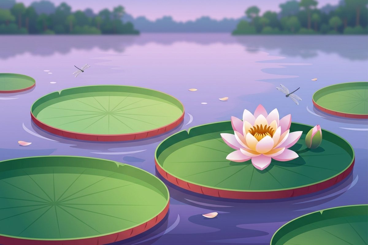 Ilustração de vitórias-régias e uma flor aquática aberta num rio calmo, com a floresta ao fundo