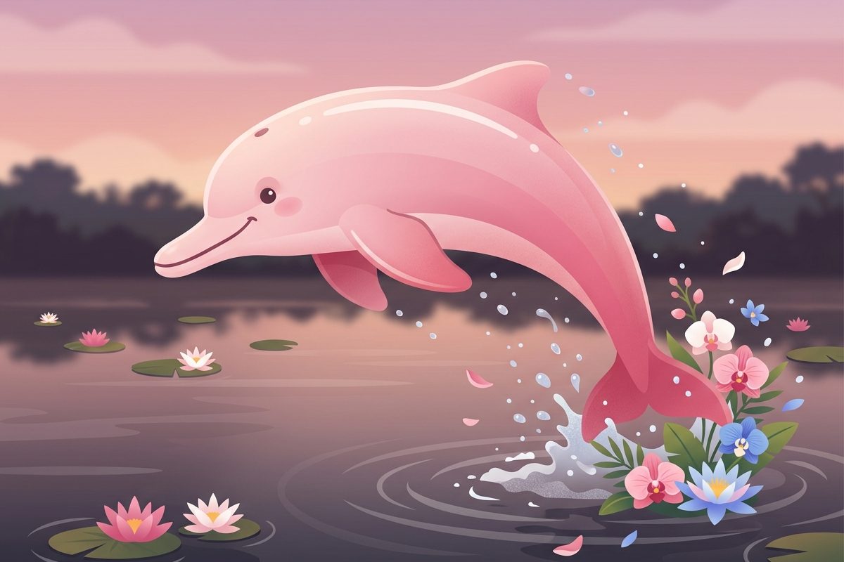 Ilustração de um boto cor-de-rosa saltando do rio ao entardecer, entre flores e orquídeas