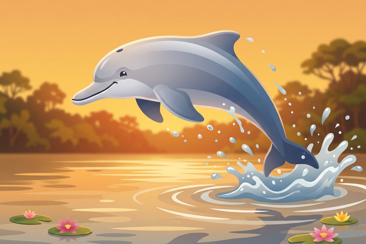 Ilustração de um boto cinza saltando do rio ao pôr do sol, com a floresta ao fundo e flores aquáticas na água